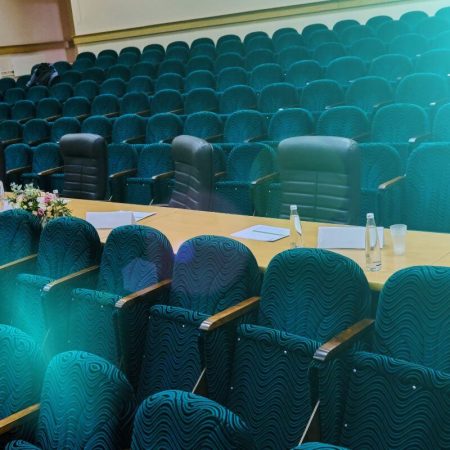 Event center auditorium ready for cleaning before the next event