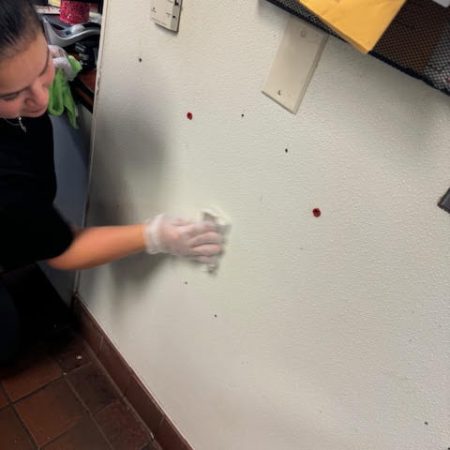 Removing blood stains from walls in commercial kitchen